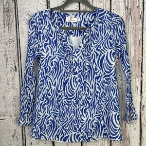 Vineyard Vines Women XXS Blue White Zebra‎ Print Silk Blend Lined Pintuck Blouse